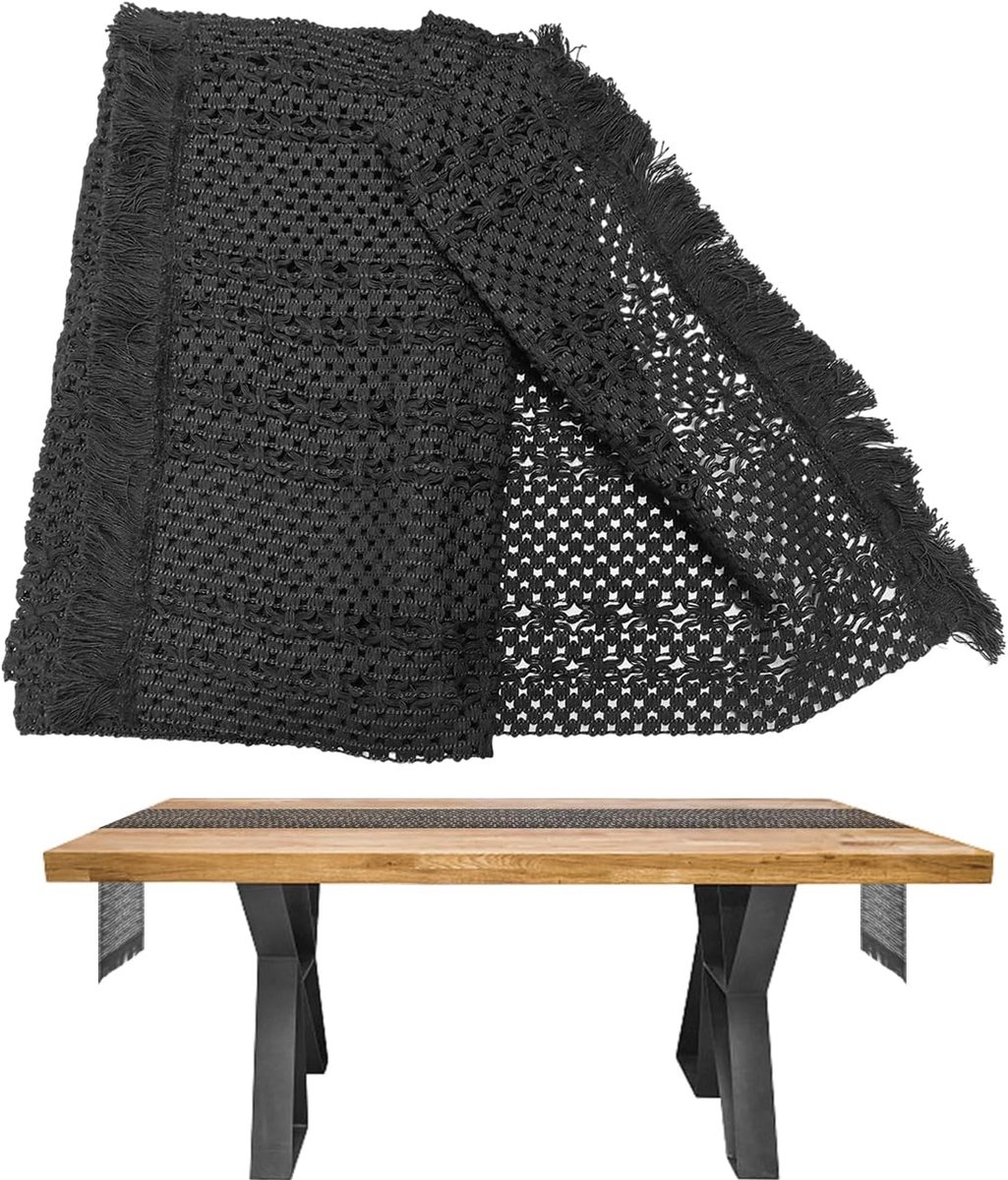 SnelShoppen - Tafelrunner Zwart 30x180 cm van Katoen en Linnen met Woven Tassels - Bohemian Stijl Tafeldecoratie voor Feesten, Tuin en Keuken