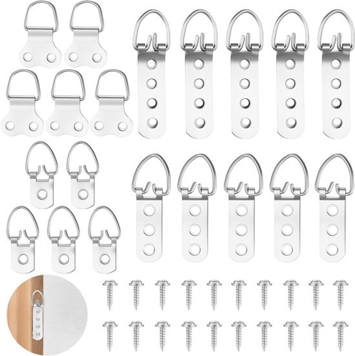 Set van 40 D-Ring Bevestigingen voor Schilderijen en Spiegels - Sterke Metalen Haken voor Fotolijsten en Decoratie (1/2/3/4 Gaten)