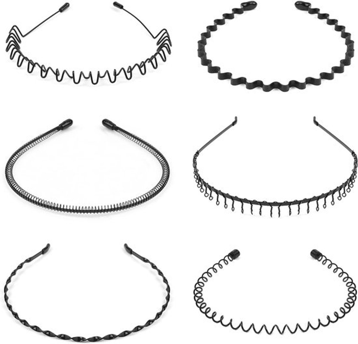 Zwarte Wavy Spring Haarbanden voor Mannen en Vrouwen, 6 Stuks, Niet-Slip Alice Band voor Sport en Yoga