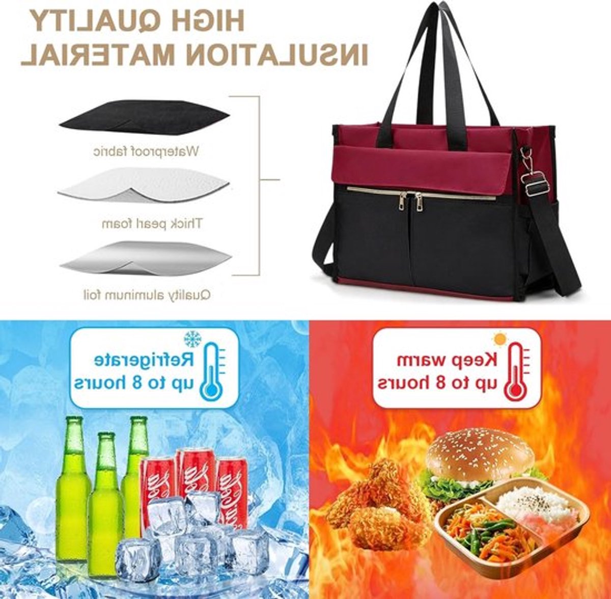 Dames lunchtas 2-in-1 met geïsoleerd lunchvak, waterdichte laptoptas voor kantoor en school, geschikt voor 15,6 inch laptops en dagelijks gebruik (bordeauxrood)