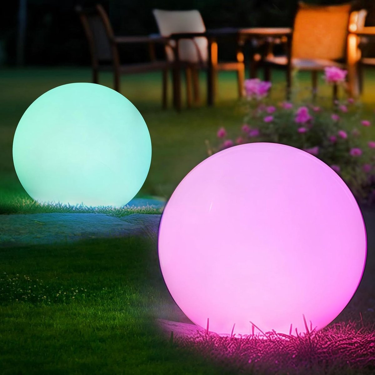 2 stuks RGB kogellampen voor de tuin, 30 cm, bal, solarverlichting voor buiten, IP66, waterdicht, 1200 mAh, solarlamp - ShopVlot