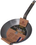 De Buyer koekenpan van plaatstaal, 28 cm, met label 'Mineral B Element' en '100% Nature'. Gemaakt in Frankrijk.
