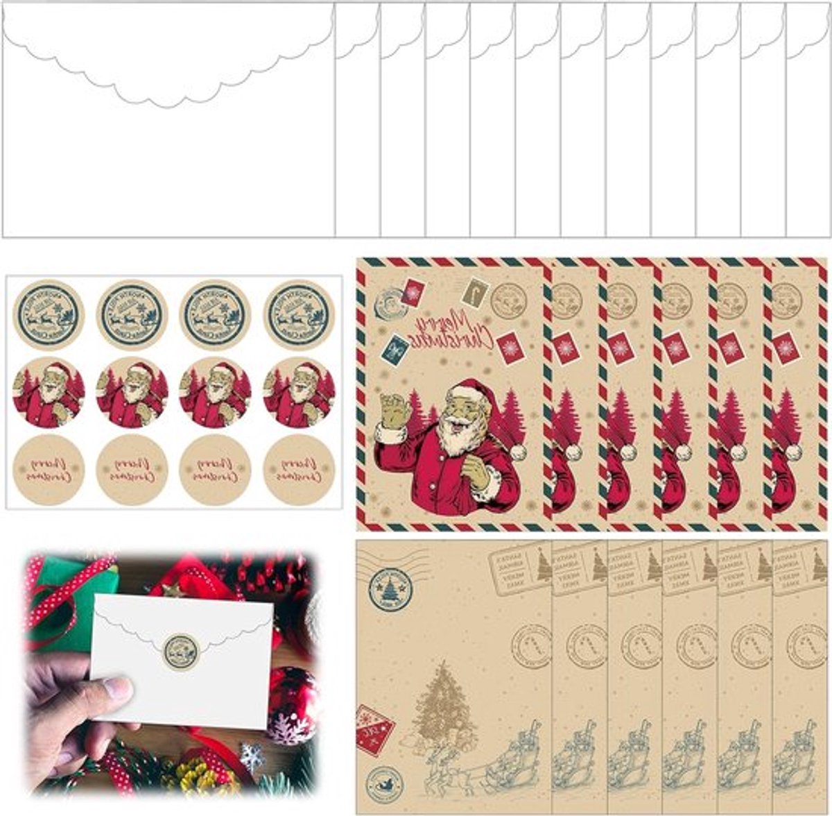 Set van 36 kerstkaarten met enveloppen, feestelijke uitnodigingen, stickers en Santa-motief voor de mooiste kerstgroeten aan vrienden en familie