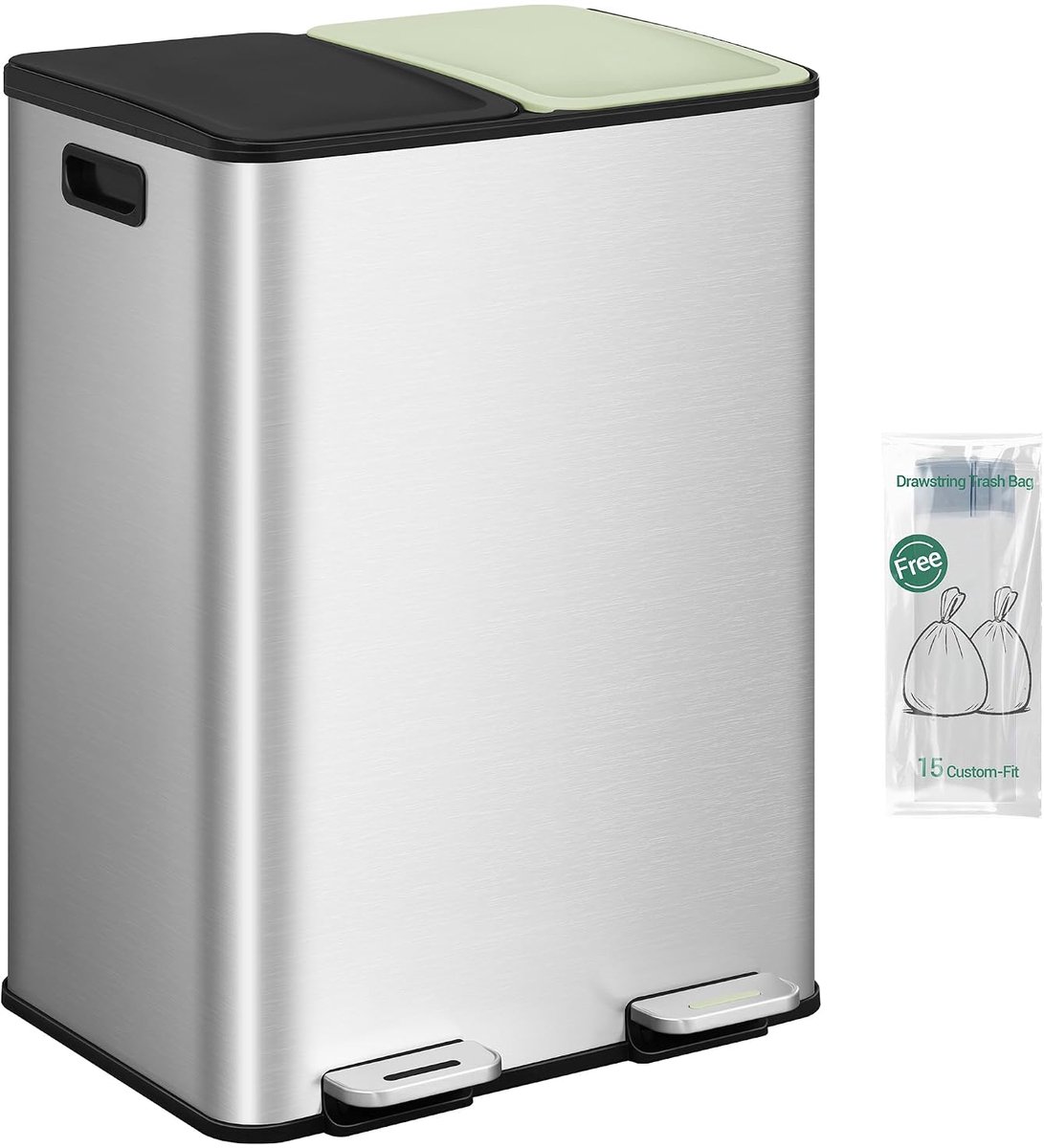 Hzuaneri Afvalemmer keuken, 2 x 30 l, afvalscheidingssysteem 2 vakken, vuilnisemmer met gekleurd soft-close-deksel en pedaal, keukenafvalemmer met binnenemmer, staal, inclusief 15 vuilniszakken