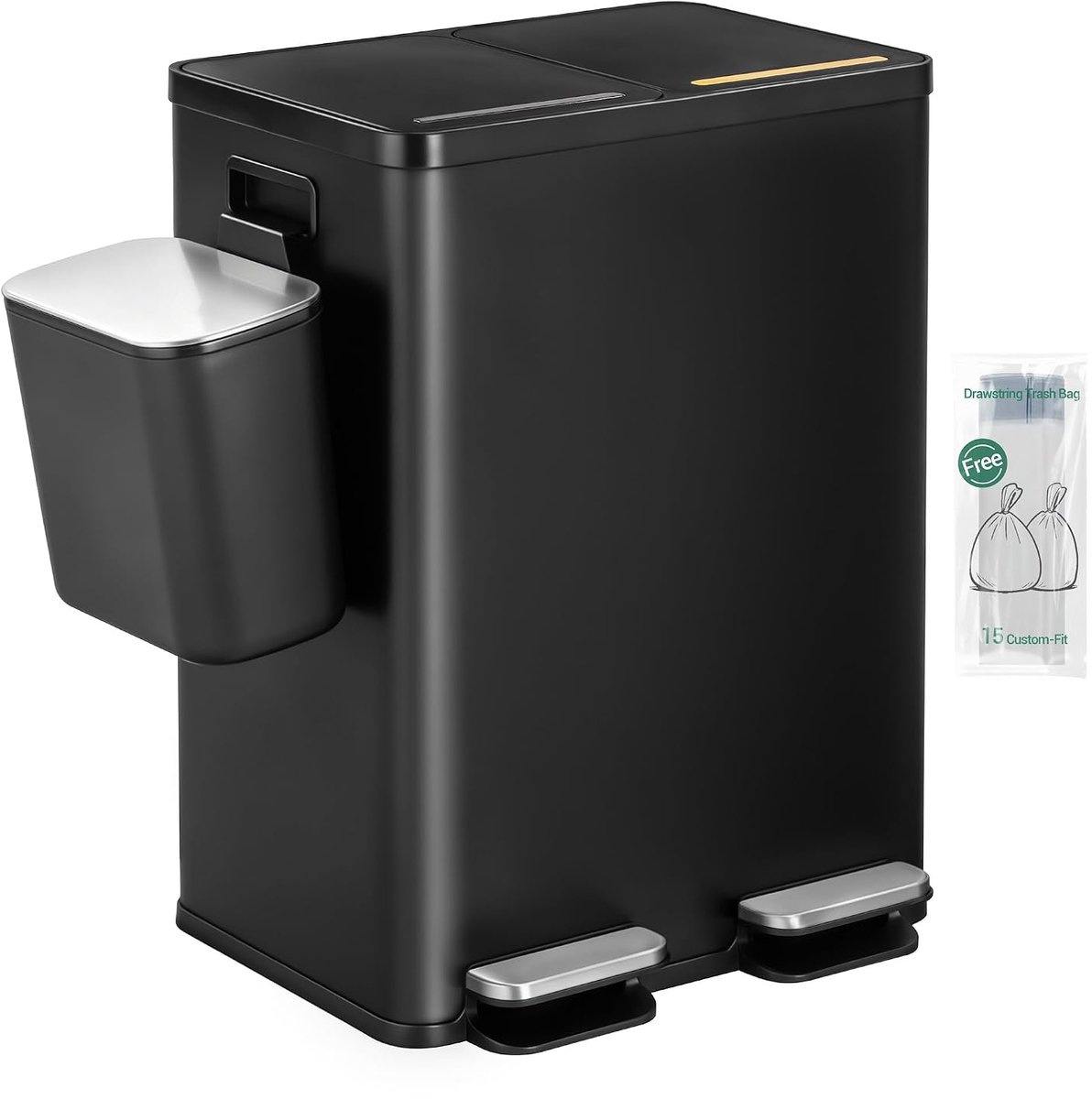 Hzuaneri Keukenafvalbak, 2 x 30 l + 7 l, afvalscheidingssysteem met 2 vakken en 7 l compostbak, deksel met soft-close en pedaal, uitneembare binnenemmers, roestvrij staal, stickers, zwart