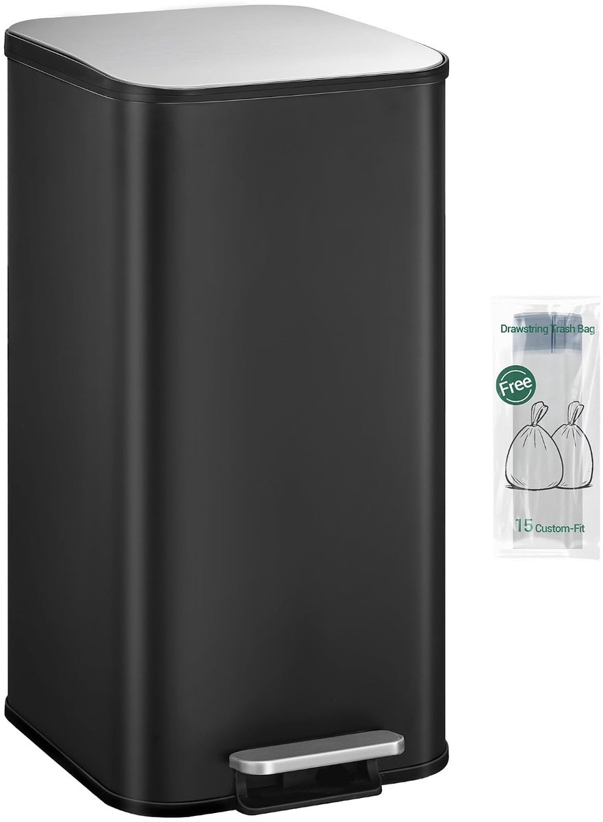 Hzuaneri Keukenafvalemmer, 40-liter pedaalemmer met soft-close deksel en binnenemmer, inclusief 15 vuilniszakken, zwart