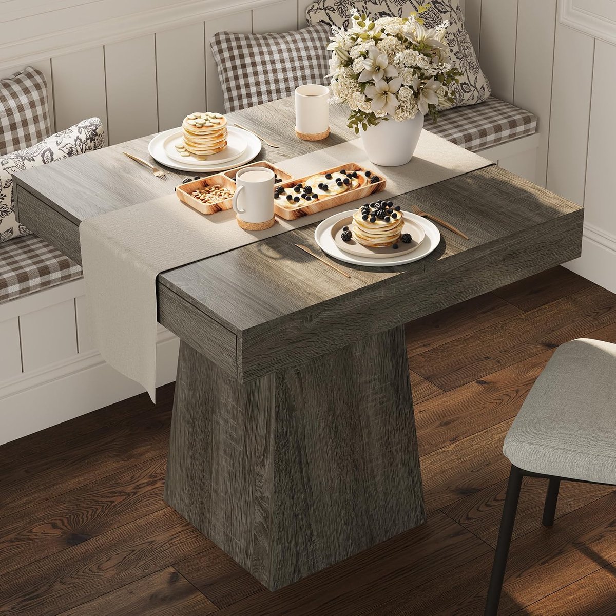 Moderne eettafel - Keukentafel in landhuisstijl - Vierkante eettafel - Ingebouwde lades - Ruimtebesparende opbergruimte - 80×80×75 cm - Grijs