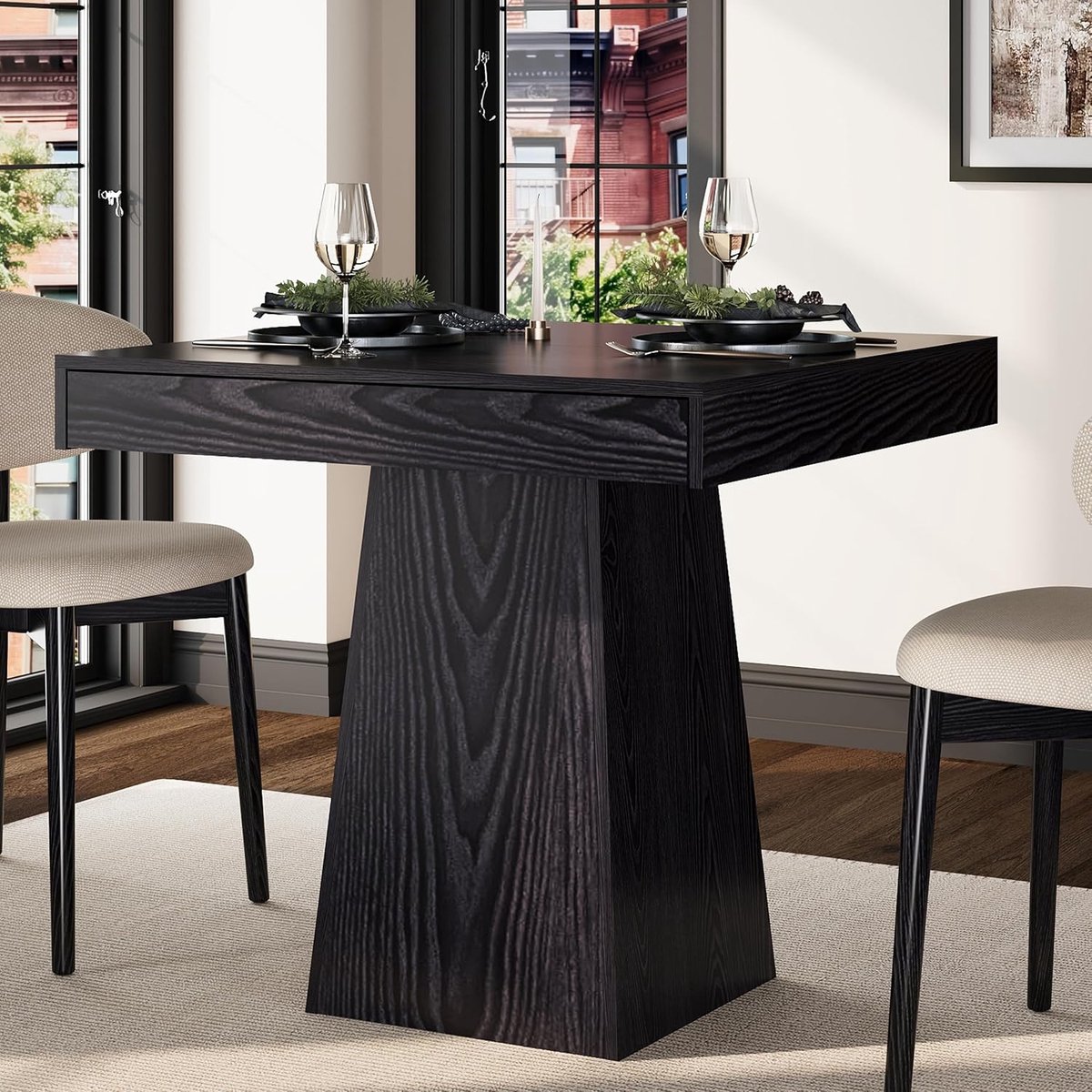 Moderne eettafel - Keukentafel in landhuisstijl - Vierkante eettafel - Ingebouwde lades - Ruimtebesparende opbergruimte - 80×80×75 cm - Zwart