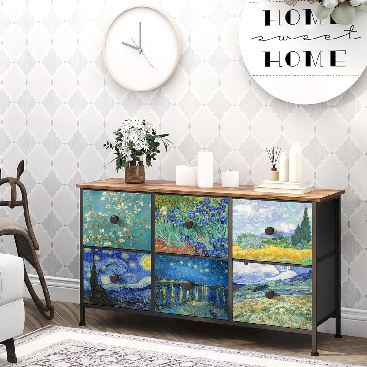 SnelShoppen - Kleine commode met 6 laden, ladekast voor slaapkamer, opslagtoren voor woonkamer, hal en kantoor met metalen frame en houten platen, sto