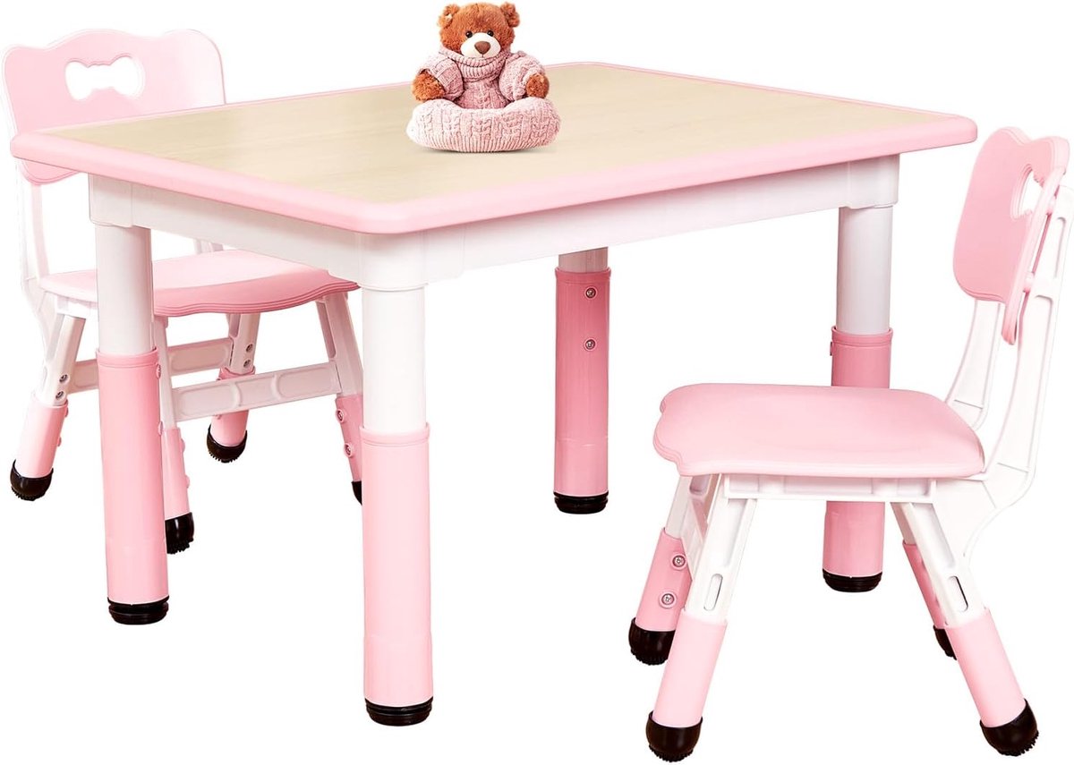 Kindertafel en 2 Stoelen Set - Hoogte Verstelbaar - Roze - Ideaal voor Creatieve Activiteiten - ShopVlot