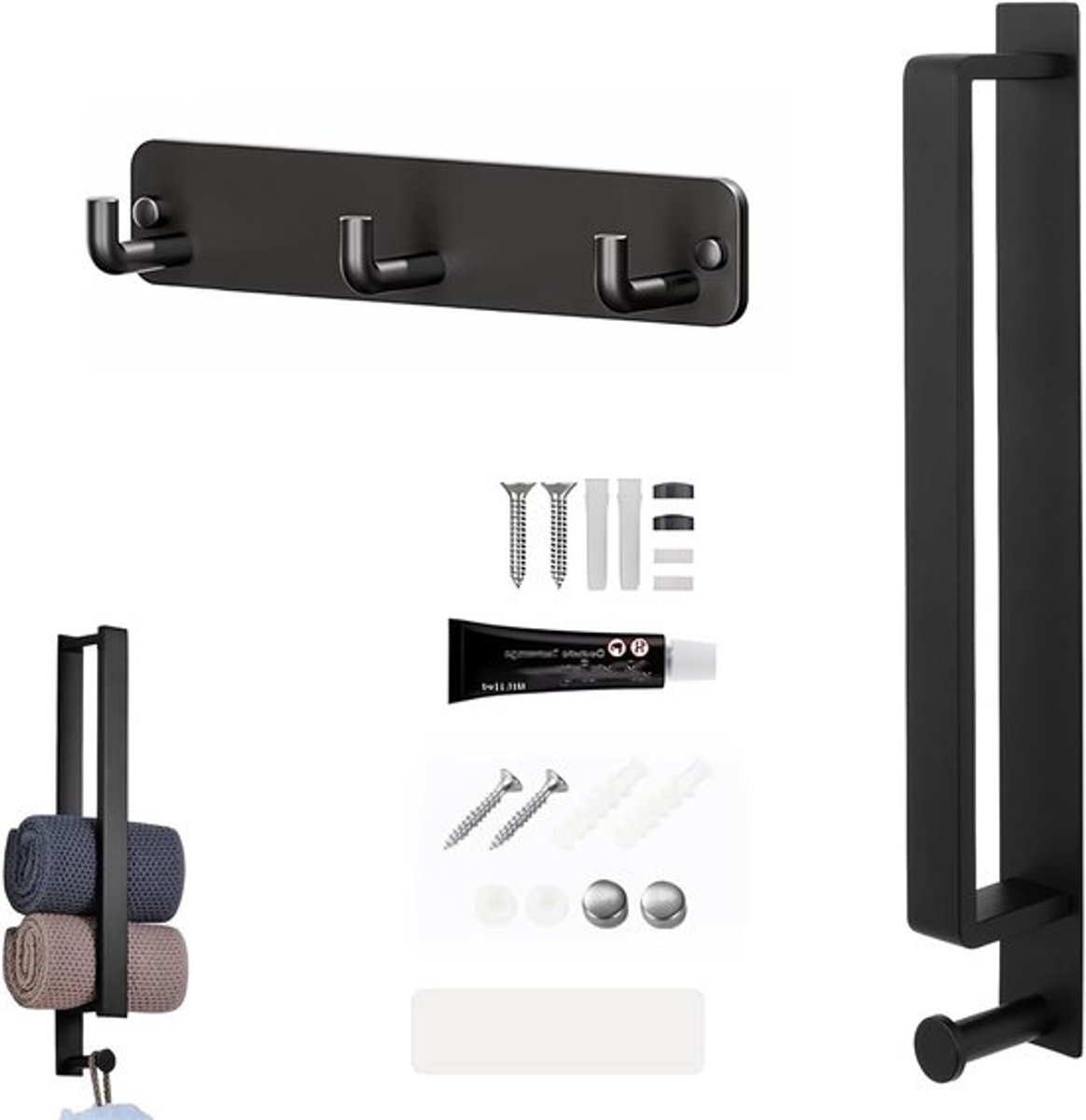 Zelfklevende Handdoekhouder voor Badkamer en Keuken, 40 cm, Mat Zwart - Wandmontage zonder Boren, Inclusief Handdoekhaken, Ideaal voor Ruimtebesparing en Organisatie