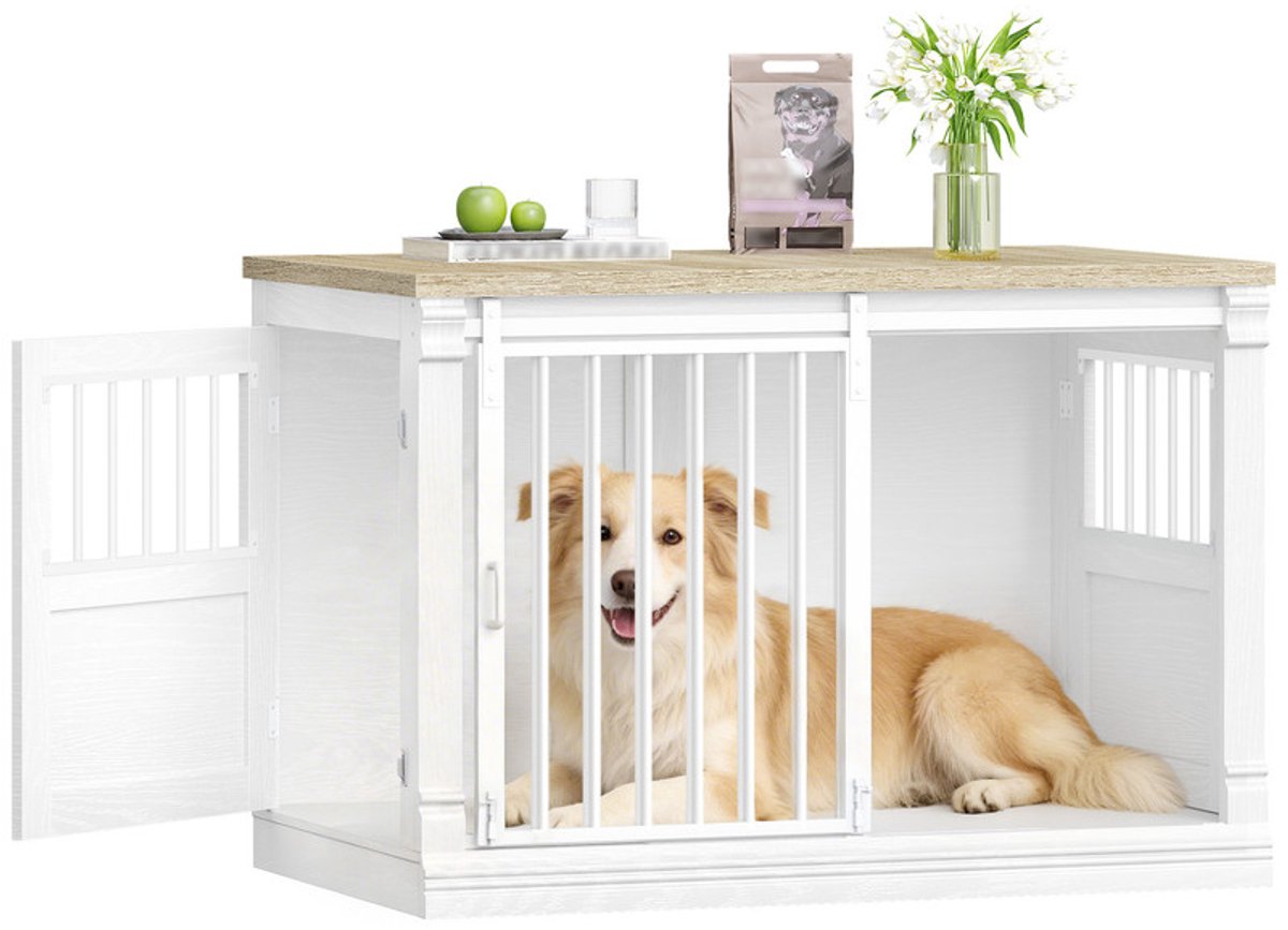 Hzuaneri 101 cm Hondenkooimeubel, Hondenbox Voor Thuis Met 3 Deuren, Houten Hondenbox, Schuifdeuren, Voor Kleine, Middelgrote En Grote Honden, Robuust, Bijzettafel, Wit Eiken En Wit