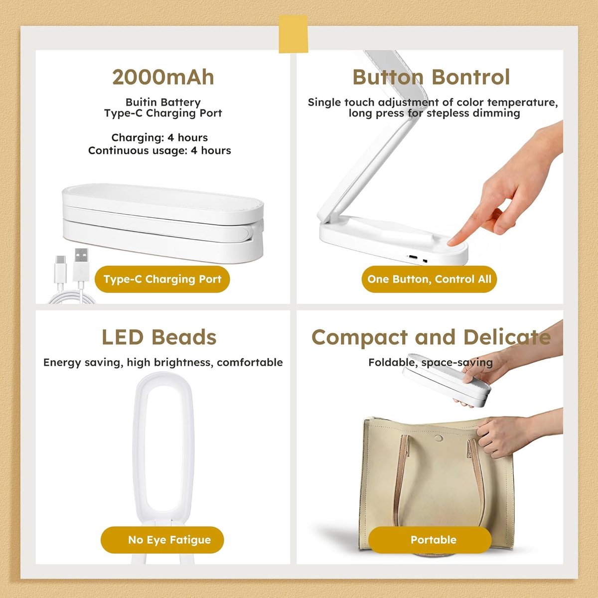 Bobypet - Opvouwbare Draadloze LED Bureaulamp met Accu - Oplaadbare Leeslamp met 3 Lichtstanden en Dimbare Functie - Draagbare USB C Tafellamp voor Studie, Kantoor, Reizen en Nagels - Wit thumbnail 4