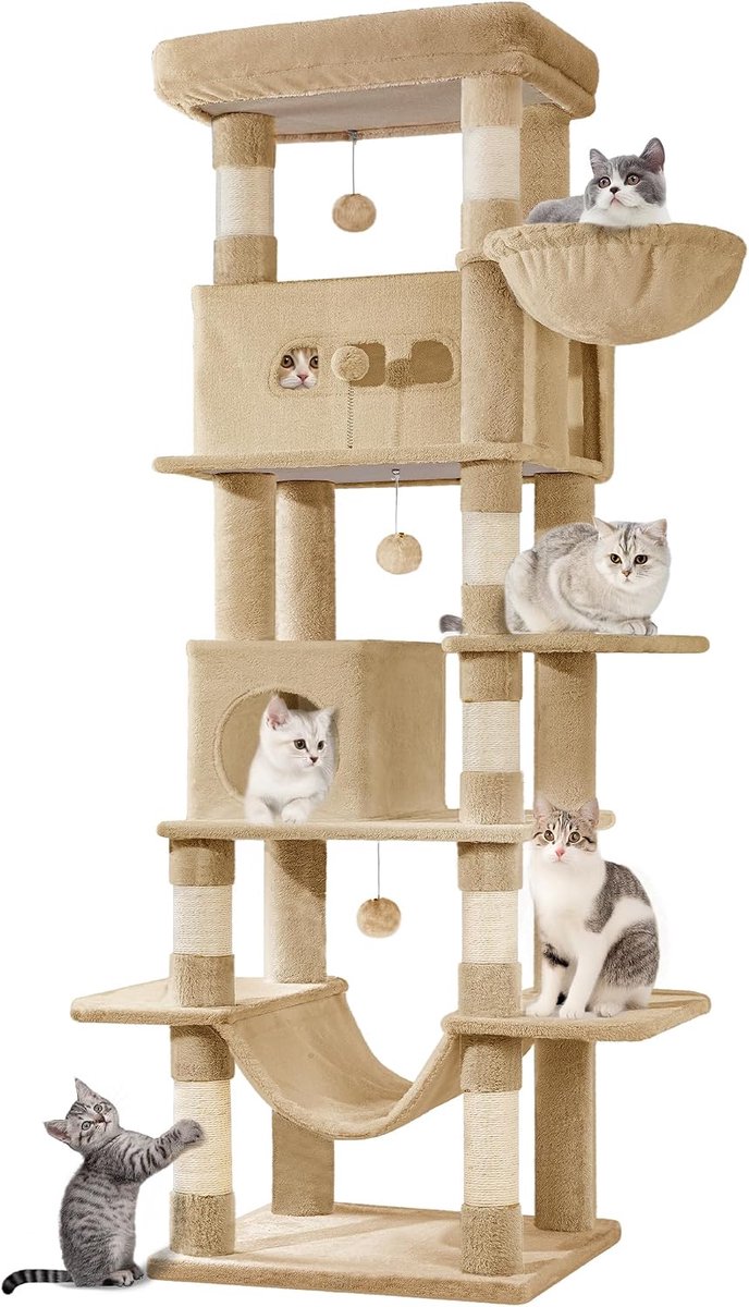 Hzuaneri Grote Krabpaal, 210 cm hoog, met 8 krabpalen, 2 holen, grote platforms, wasbare mat, hangmat, pluche ballen, krabpaal met meerdere niveaus, camelbruin