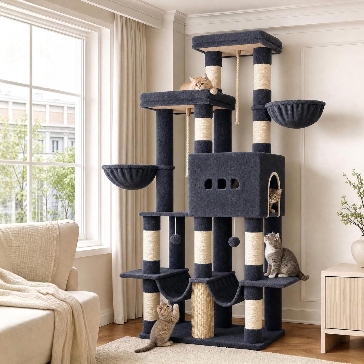 Hzuaneri Krabpaal, 176 cm grote krabpaal, 2 platforms, 2 grote holen, 9 sisal krabpalen, 2 hangmatten, kattenmand, pompons, geschikt voor Maine Coon katten, donkergrijs
