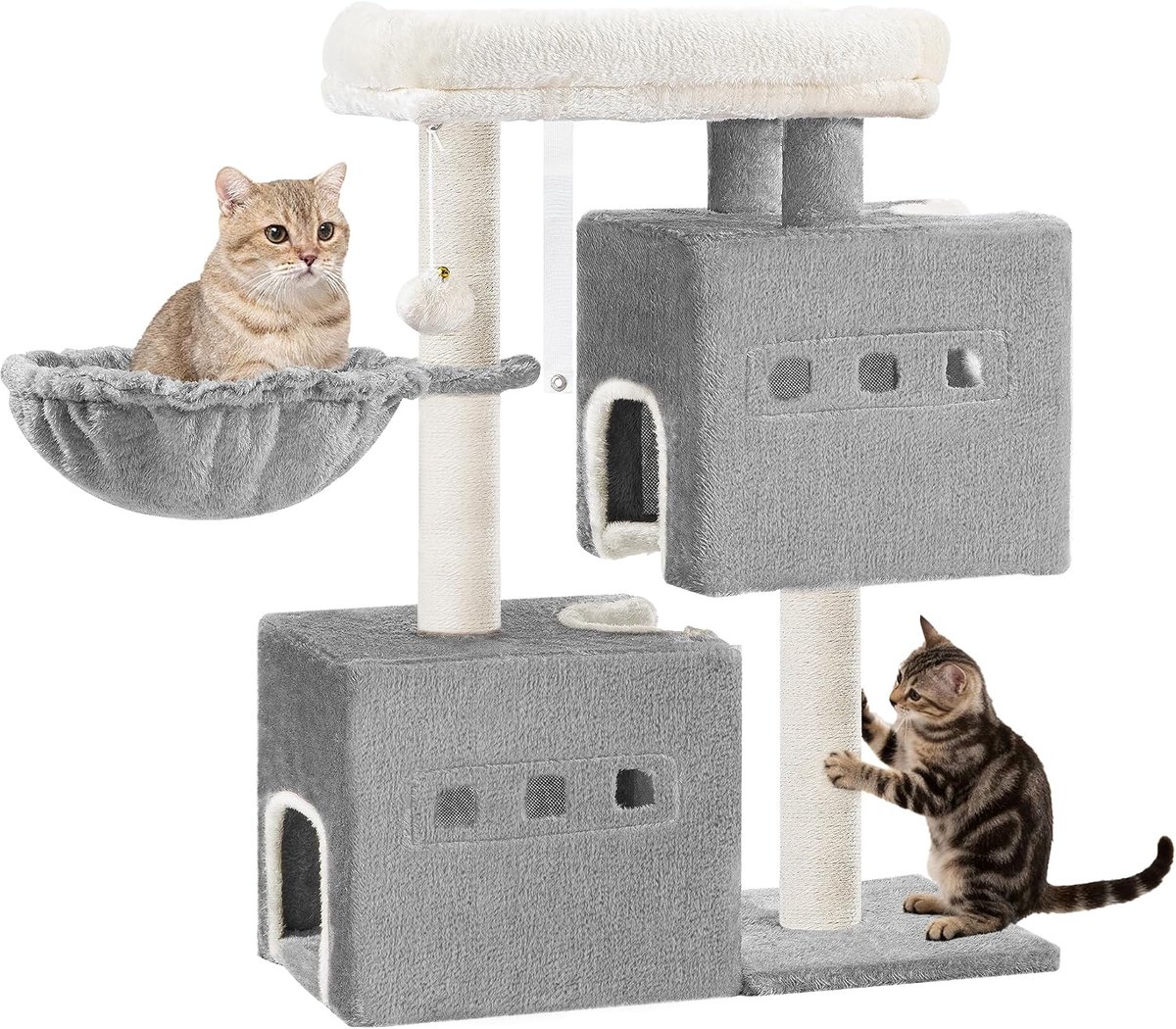 Hzuaneri 98 cm Krabpaal, kattenboom, kleine krabpaal met meerdere verdiepingen met zitstang, kattenhuismeubel met 2 holten, sisal kattenkrabpaal, hangmat, hol, Lichtgrijs