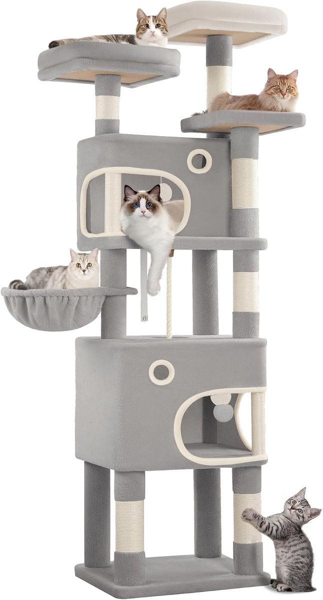 Hzuaneri Kat Krabpaal, 180 cm Hoge Kattenboom, met 7 Laag Multi Functie Speelplaats voor Katten, Dubbele Holtes, en Drie Uitzicht Platforms, Geschikt voor Meerdere Katten, Lichtgrijs