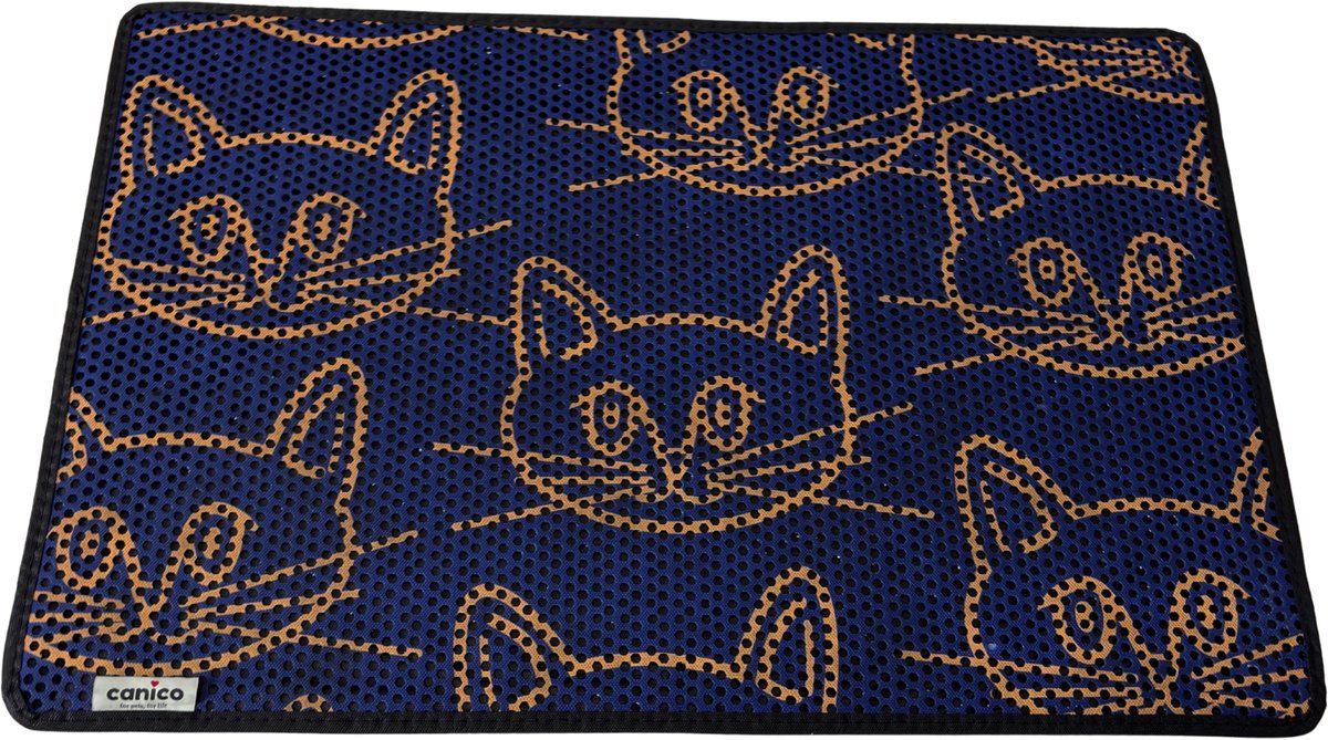 Canico Kattenbakmat - Uitloopmat - Kattengezichten op Blauw - 90 x 60 cm