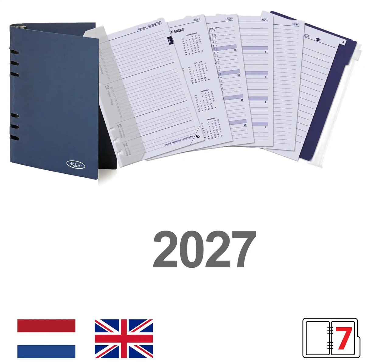 Kalpa 6407-27 210 x 144 mm A5 Bindmiddelinzetstukken EN NL (een beetje roest op de ringband!) + opbergmap 2027