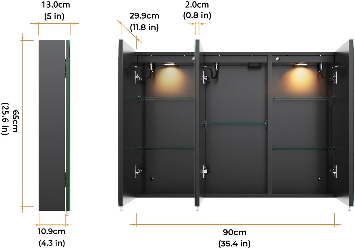 SnelShoppen - LOMIKEN Spiegelkast voor Badkamer 90x65x13 cm met Spiegel, Dimbare Verlichting, Instelbare Kleurtemperatuur, Roestvrij Staal en Stopcont