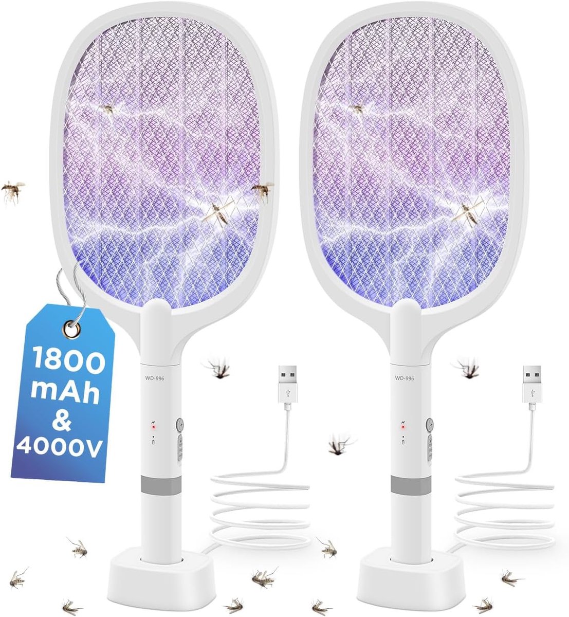 SnelShoppen - Elektrische vliegenmepper 2 stuks met 4000 V, UV-muggenval, oplaadbare vliegenval met 1800 mAh accu, perfect voor tuin, camping en binne