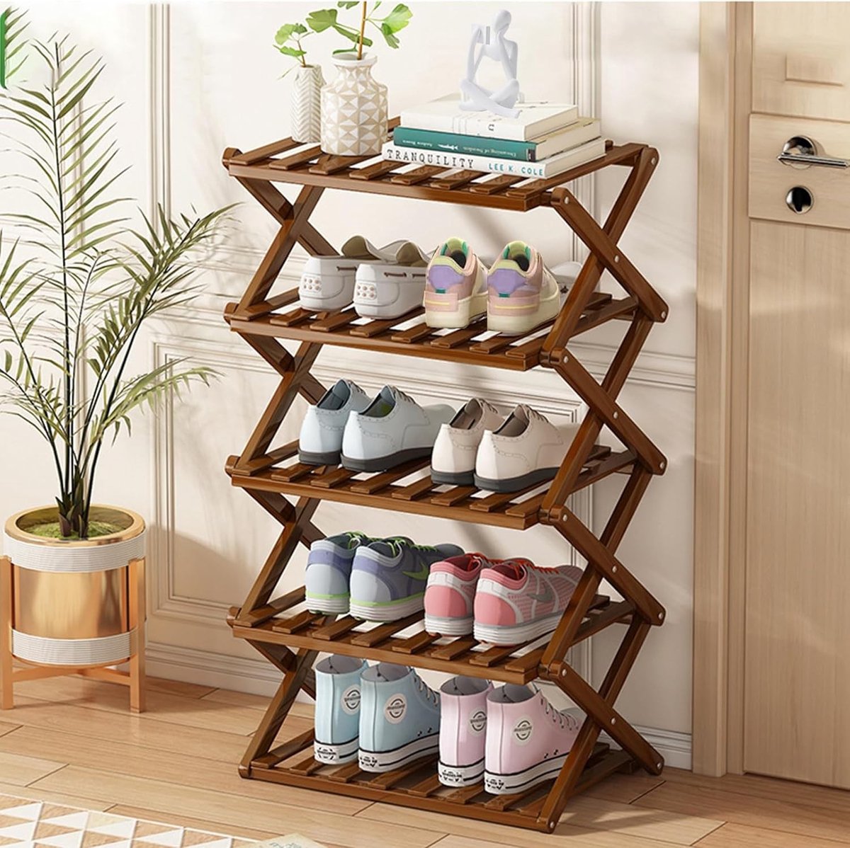 Vouwbare Bamboe Schoenenrek met 5 Niveaus, Ruimtebesparende Organizer voor 16-20 Paar Schoenen, Ideaal voor Hal, Entree en Woonkamer, 50 x 25 x 90 cm
