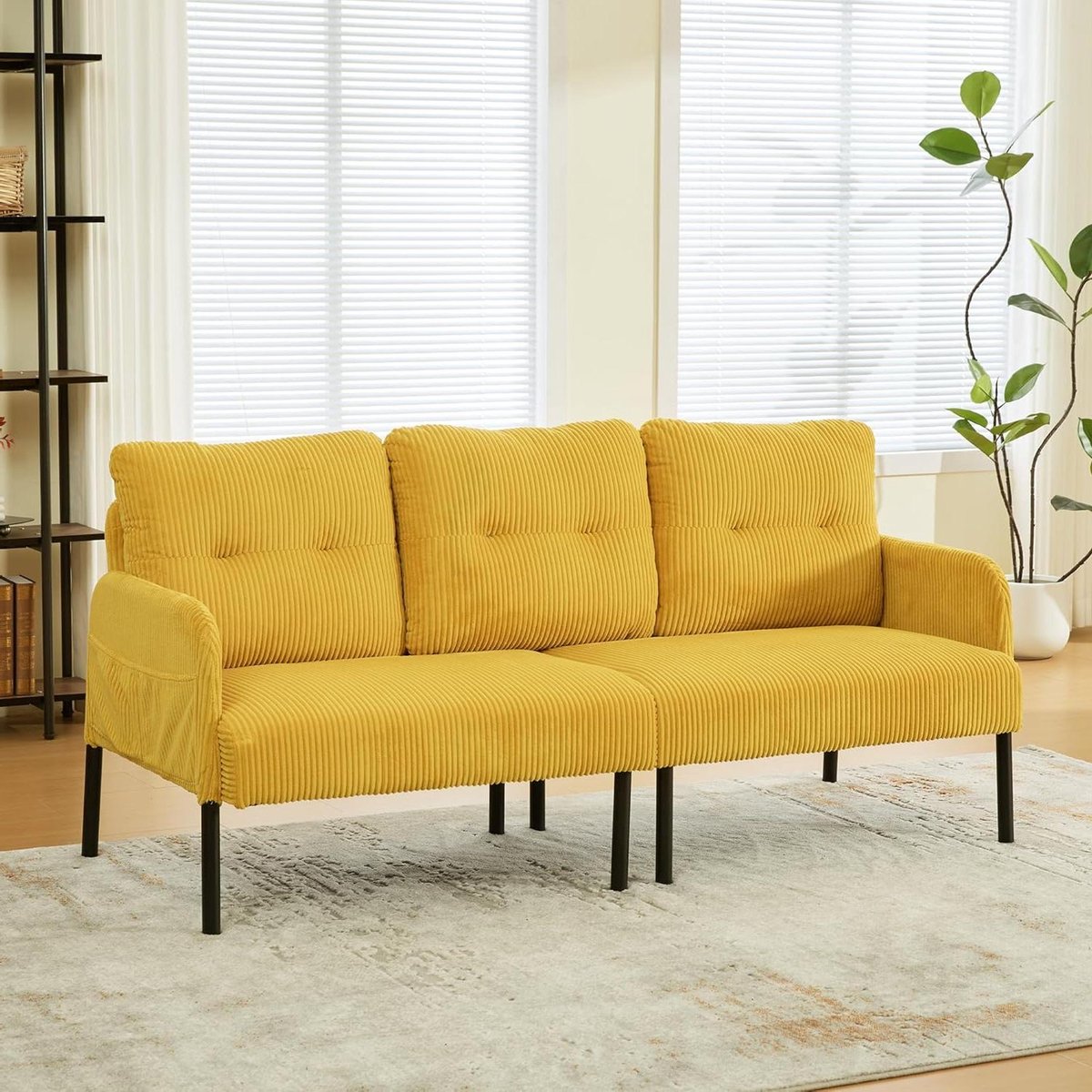 Corduroy Driezitsbank - Bank Corduroy Stoffen - Ontspannen Zitten - Praktische Zijvakken - 171x72x80cm - Geel