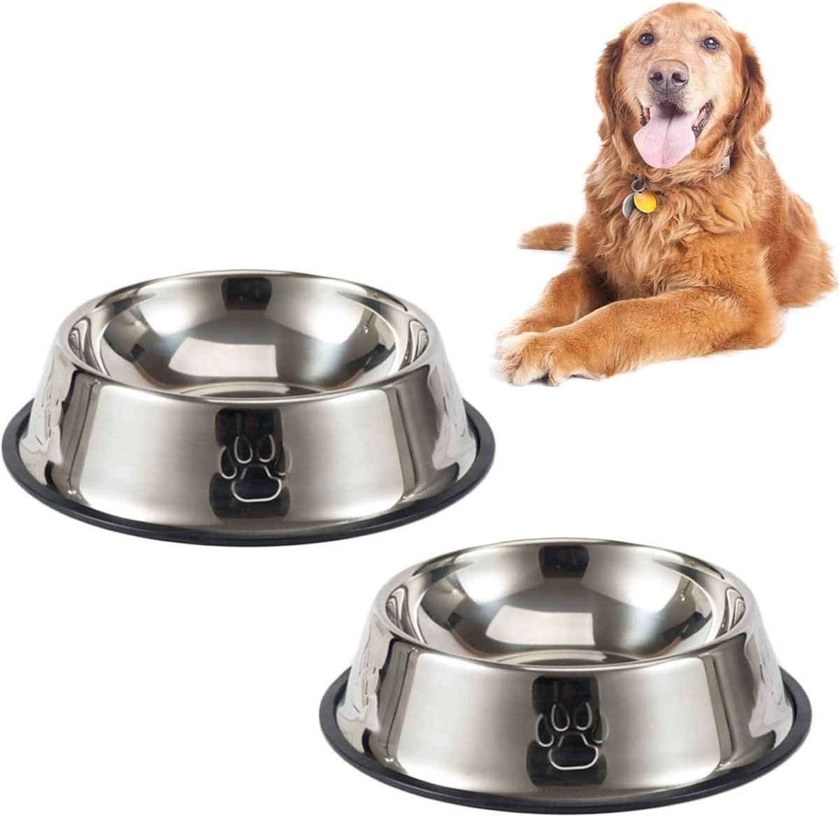 Set van 2 RVS Antislip Voer- en Waterbakken voor Honden - Multi-functionele Huisdieren Voerbakken, Geschikt voor Grote Honden en Katten (L 26cm)