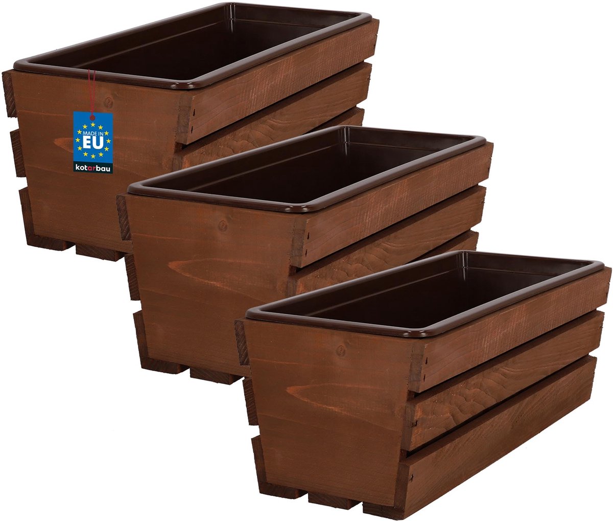 KOTARBAU® 3 Stuks - Houten Plantenbak - Bloembak Hout - met Kunststof Inzetstuk - Balkonbak - 40 x 18 x 15 cm - Bruin - voor Terras - Balkon - Deko Planten