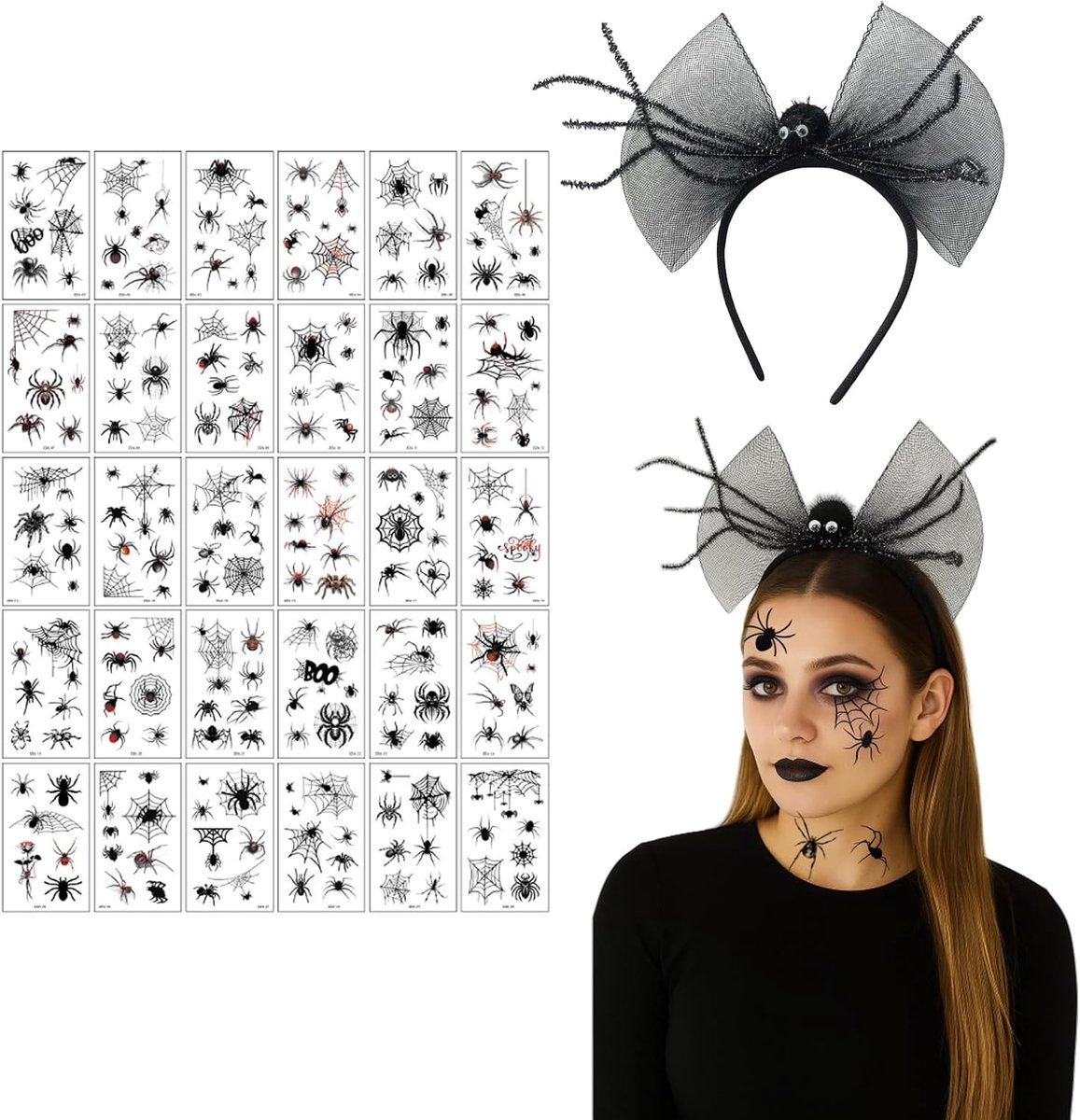 Spider Hoofdband voor Halloween met 30 Tijdelijke Spin Tattoos, Verstelbare Spin Web Hoofddeksel voor Kinderen en Volwassenen, Kostuumaccessoires en Feestdecoratie
