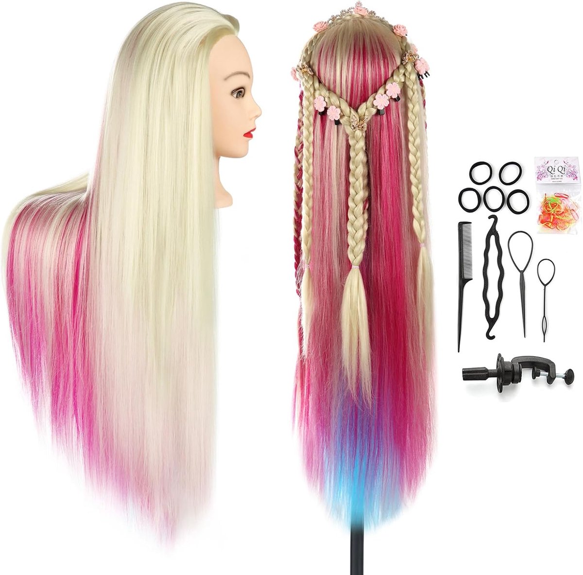 Oefenhoofd, 26-28Inch Kappershoofd Zacht 100% Synthetische Haar Professioneel Traininghoofd Kapperspop Oefenpop met Steun+ Styling Accessoires