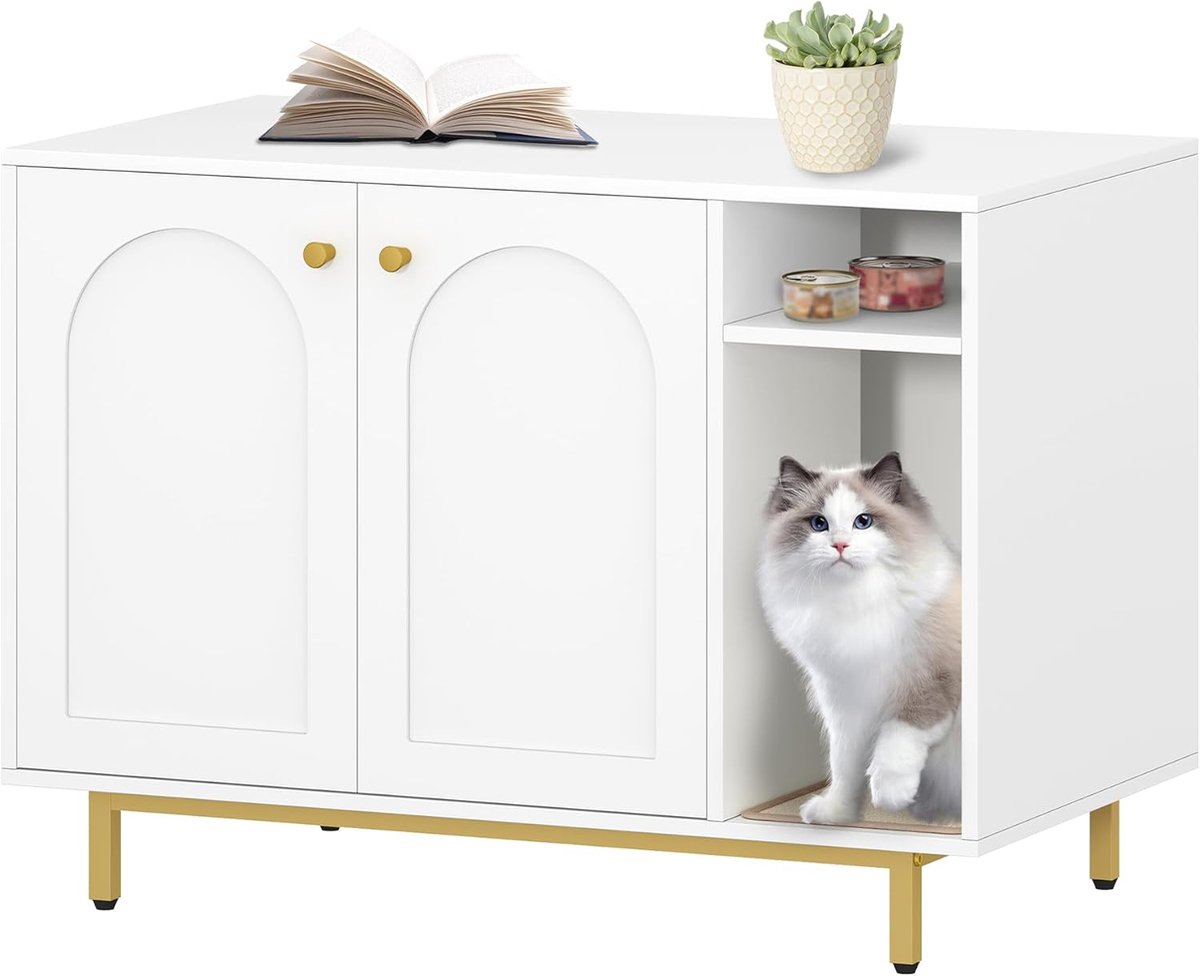 Hzuaneri Kattenkast, 100 x 50 x 72 cm, Kattenbakkast, Wit en Goud, Kattenhuis met Deur en Aparte Scheidingswand, 100 x 50 x 72 cm, Stevige Kattenkast, Bankje, Wit en Goud