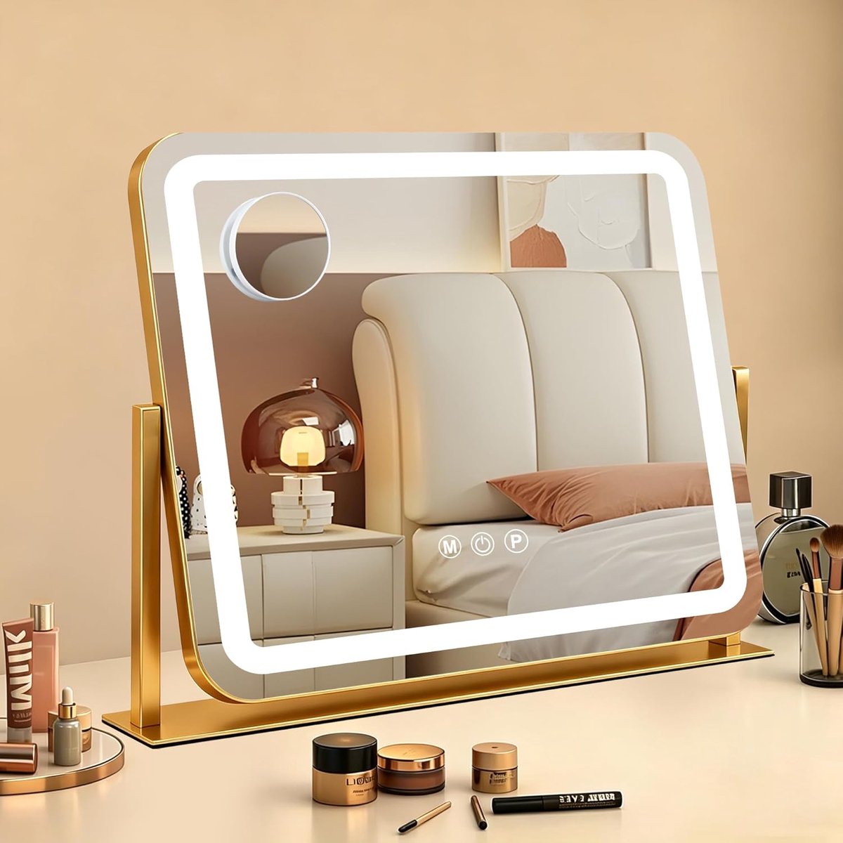 SnelShoppen - Dimbare Make-upspiegel LED met 3 Lichtstanden, Goud, 54x42 cm, Perfect voor Make-up en Verzorging