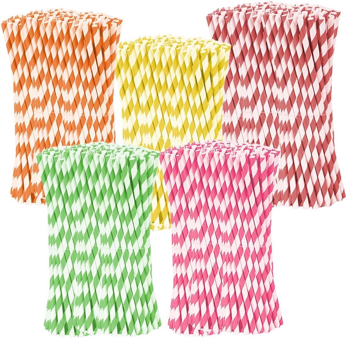 SnelShoppen - 500 Stuks Paper Straw Kleurrijke Papieren Rietjes met Strepen voor Feestjes, Bruiloften, Barbecues, Picnics - Rood, Geel, Roze, Groen, O