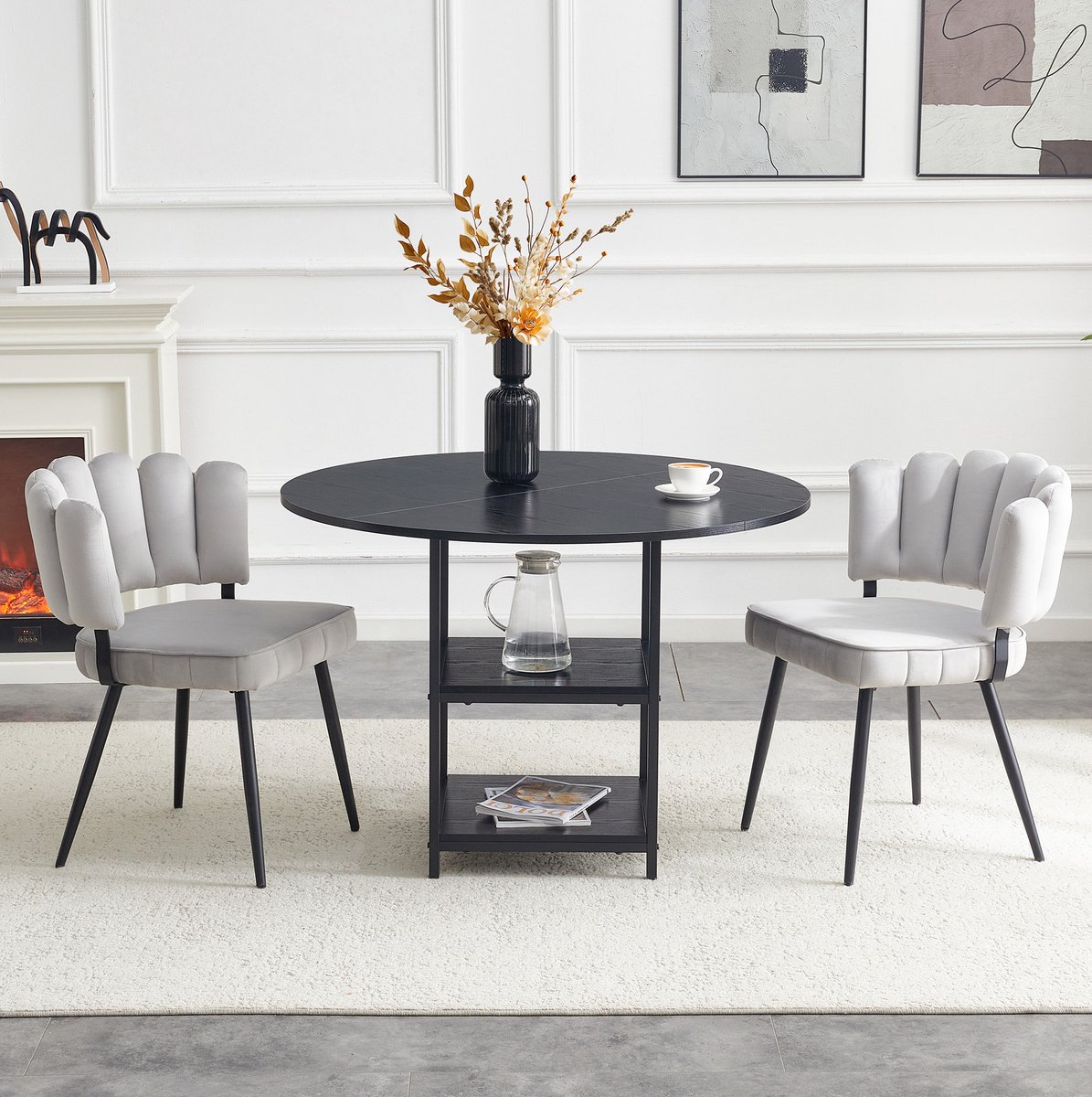 REDOM - Set tafel en stoelen - Ronde eettafel met dubbele opbergruimte - 2 stoelen - Industriële stijl - Woonkamer - MDF en metaal - Zwart en lichtgrijs - 107 cm