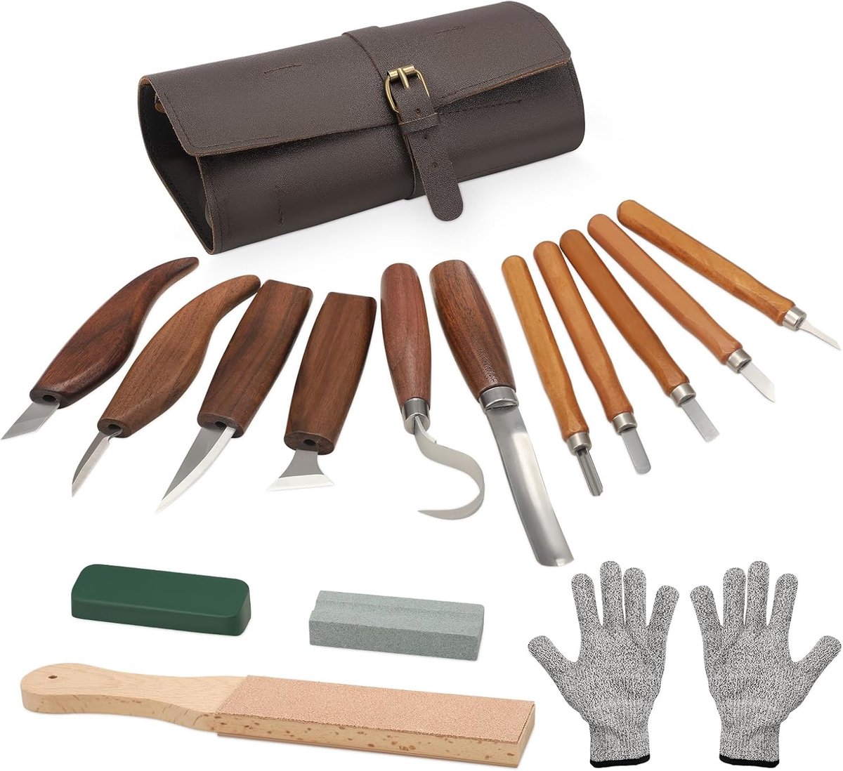 SnelShoppen - 16-delige houtsnijwerkset voor beginners - Professionele houtsnijmessen met roestvrijstaal, leren tas, wetsteen, snijbestendige handscho