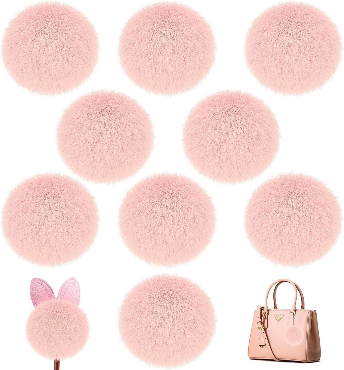 SnelShoppen - 9 Stuks Lichtroze Neppels Vacht Pompon Ballen 8cm Zachte Neppels Konijnen Vacht Pompoms met Elastische Lus Rond Fluffy Pompons voor Hoed