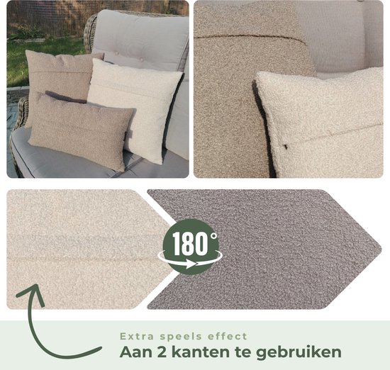 Kussens van teddy stof in crème en taupe op een bank en in een tuinmeubel.