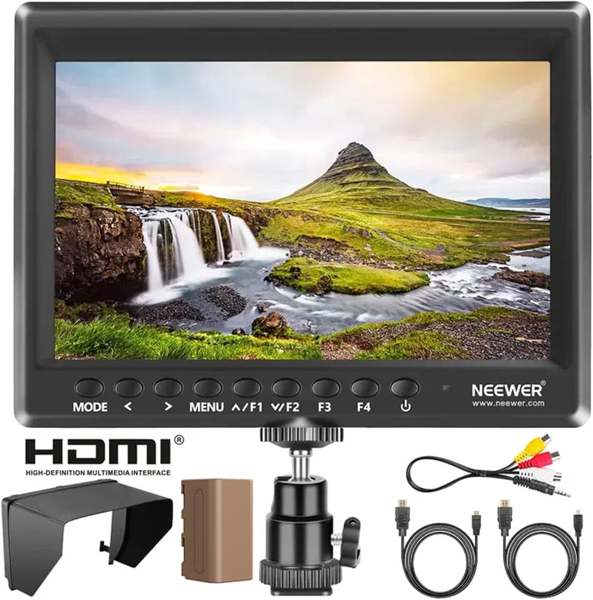 SnelShoppen - 7 Inch Camera Field Monitor voor Videoproductie, HD IPS Scherm 1280x800, 450 Nit Helderheid, 360° Balhoofd, Ideaal voor DSLR's en Stabil