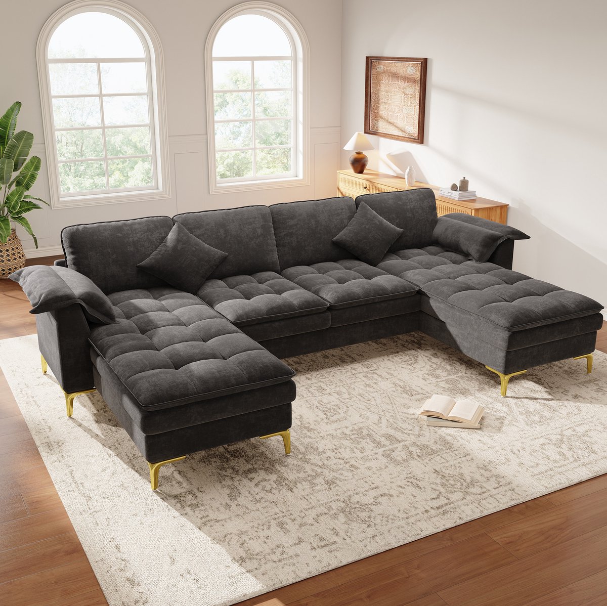MIVRAY U Bank 262 Bij 134 Bij 86 Cm Modulair Met Wolkenlook Dubbele Schuimkussens 2 Chaiselongues 2 Kussens Chenille Grijs