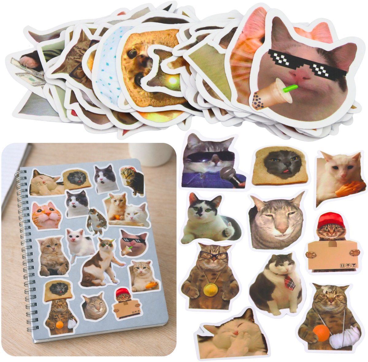 Set kattenstickers Memes decoratief verschillende motieven 50 stuks. 7-8 Cm
