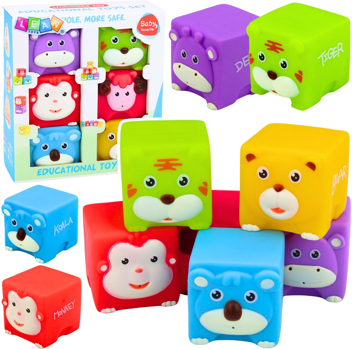 Set zachte rubberen blokken educatieve dieren kleurrijk 6 stuks.