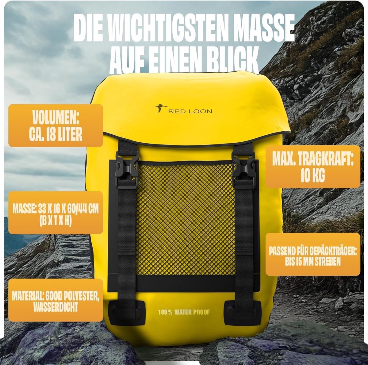 Fietstas - Geel/Zwart - 60 x 16 x 60 cm - Waterdichte Bagagedragertas van 600D Polyester - Voor E-bike en Stadsfietsen