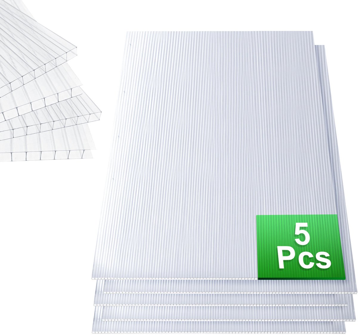 Set van 5 polycarbonaat platen transparant 121 x 60,5 cm, 8 mm, UV-bestendig en op maat te snijden