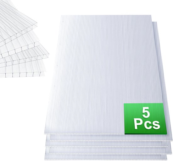 Set van 5 lichtdoorlatende, geribbelde polycarbonaat platen, 121 x 60,5 cm, UV-bestendig.