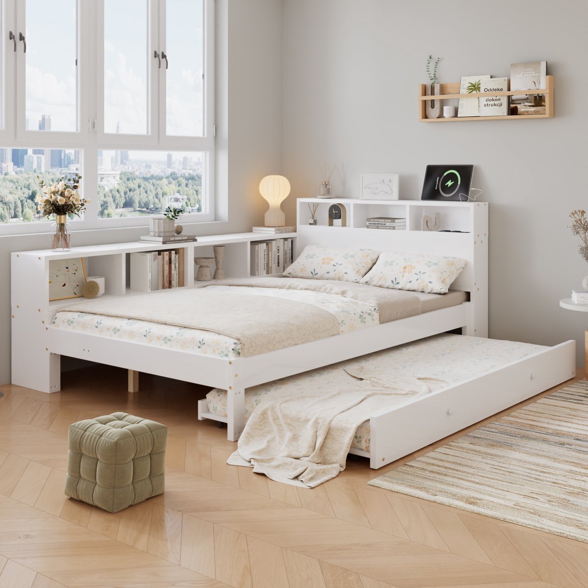 MIVRAY Bed 120x200 Cm Met Uitziehbed 90x190 Cm En Opbergrek Met Hoofdbordplank En Laadstation Hout MDF Wit Zonder Matras