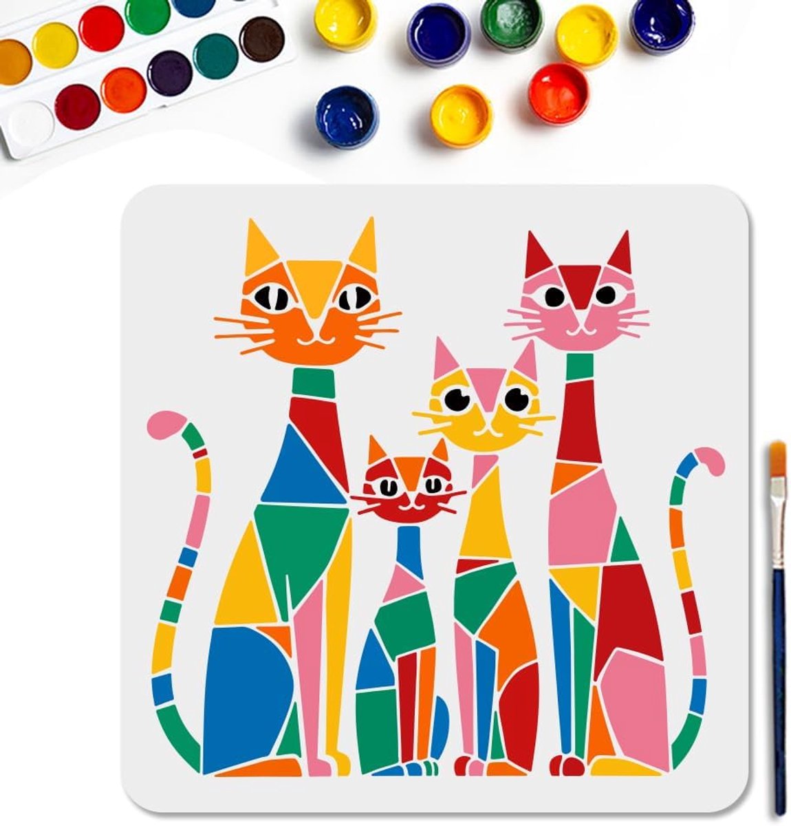Stencils voor schilderen katten 30×30 cm - herbruikbaar abstract ontwerp - inclusief kwast - ShopVlot