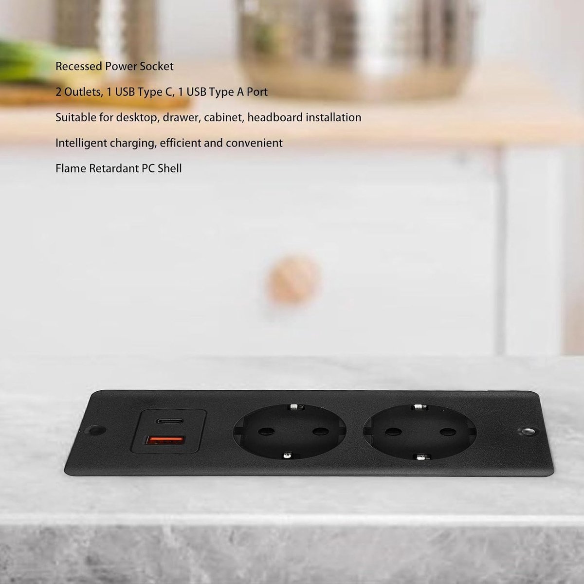 SnelShoppen - Inbouw Dubbele Stekkerdoos met USB C en USB A Oplaadpoorten, Ingebouwde Voeding voor Meubels, 20W Snellader, 1.5 Meter Voedingskabel (Zw