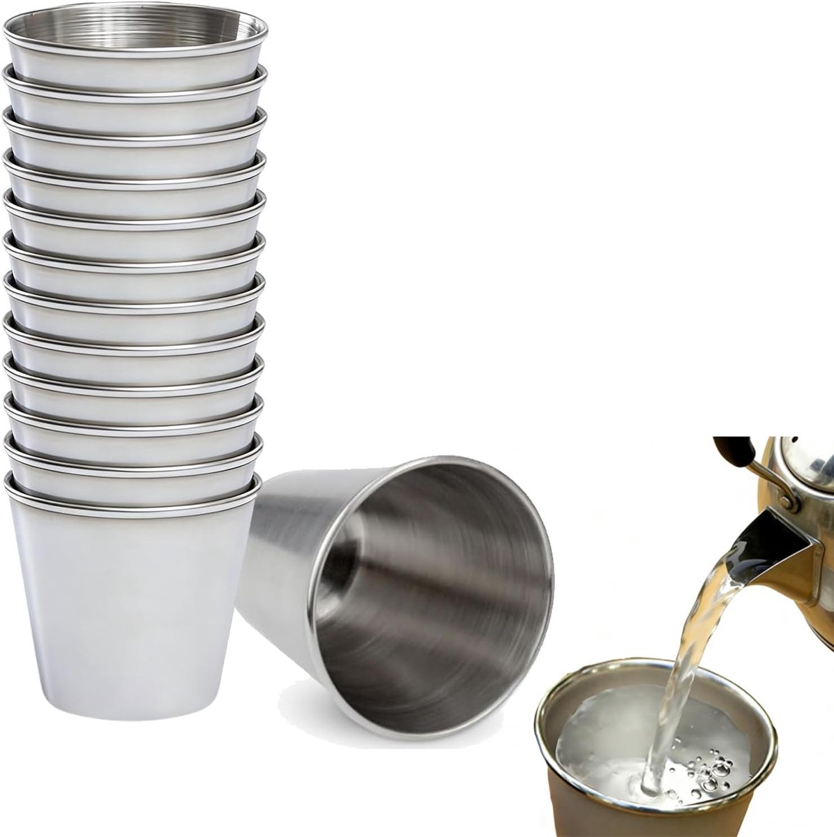 SnelShoppen - 12 Stuks Stapelbare Bekers, Campingbekers Klein, RVS Drinkbeker 50ml voor Camping, Picknicks, Barbecues, Multifunctioneel en Makkelijk S