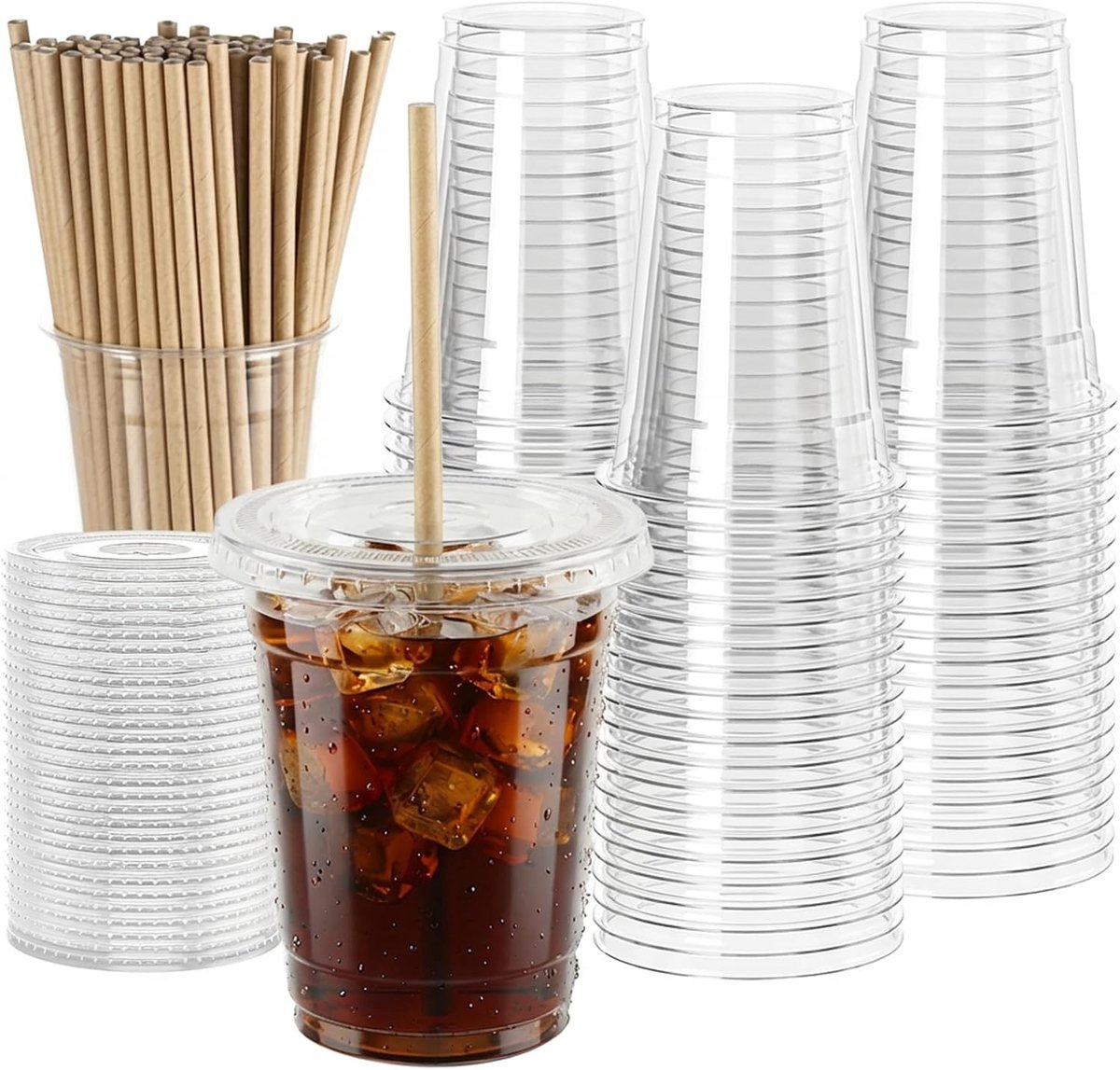 SnelShoppen - 200 Stuks - 350ml Plastic Bekers met Deksel - Ideaal voor Iced Coffee, Milkshakes, Feestjes, Bruiloften, Kerst, Koude Dranken